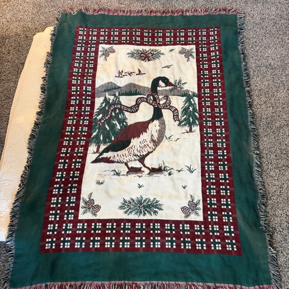 Vintage Woven Tapestry Throw Blanket Christmas Goose Winter Lodge library den